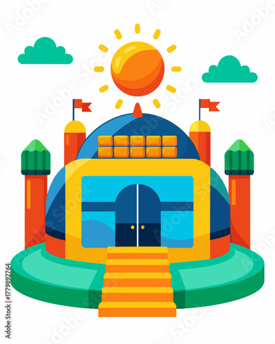 A giant inflatable bouncy castle powered by solar panels creating a fun and bouncy environment while promoting renewable energy to younger visitors.. Vector illustration