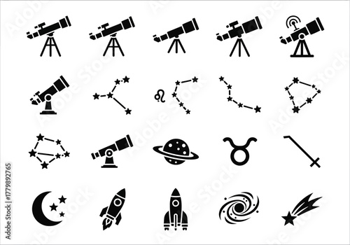 Astronomy and space exploration vector icon set with glyphs of telescopes, constellations, rockets, and celestial bodies
