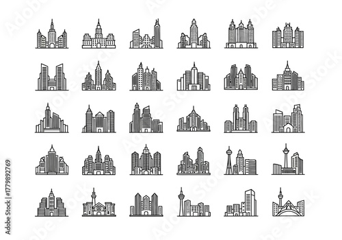 A diverse collection of city skyline and modern building vector line icons. Urban architecture and cityscape symbols for graphic design, set 2j (467)