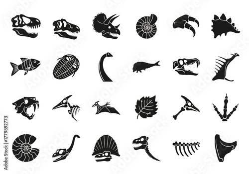 Vector collection of paleontology icons featuring various dinosaur skulls, prehistoric skeletons, and ancient fossils