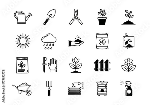 Comprehensive line icon set for gardening, farming, and agriculture, with tools and nature symbols. Vector illustration collection 2j (469)