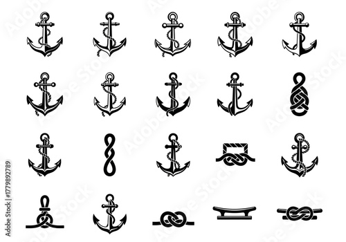 A diverse set of monochrome nautical icons, including classic sea anchors with ropes and various traditional sailor knots
