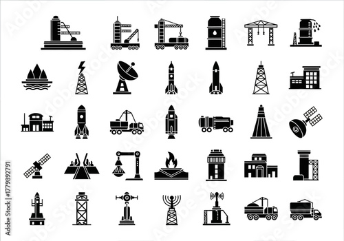 A comprehensive set of industrial glyph icons representing energy production, space exploration, construction, and telecommunication