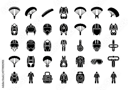 A comprehensive set of black glyph icons representing skydiving equipment and parachuting activities, vector illustration