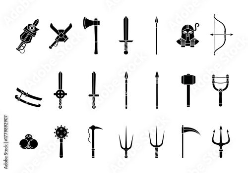 Black silhouette icon set of historical and fantasy melee weapons. Vector graphic collection for warrior and combat themes