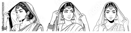 Indian Woman Portraits Adjusting Veil Sari Female Face Expressions Line Art Vector Set