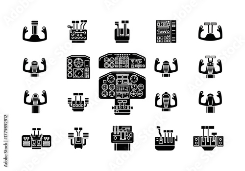 Aircraft cockpit control systems and flight deck instrument panel icons set. Vector glyphs of airplane yokes and throttles for aviation