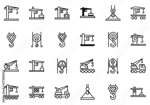 Vector icon collection of industrial machinery, including tower cranes, mobile cranes, and lifting hooks for construction projects