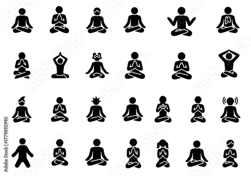 Yoga and meditation pose stick figure icon collection, a simple black vector pictogram set for spiritual and wellness designs
