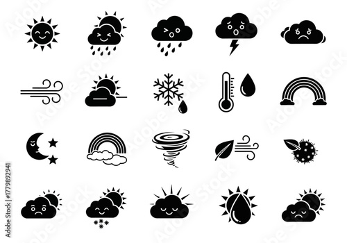 A versatile collection of weather forecast symbols in a solid black glyph style, representing various meteorological conditions like sun, rain, and wind