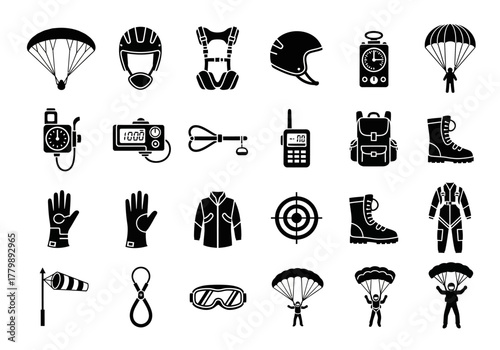 Set of parachuting equipment icons. Black silhouette symbols representing extreme skydiving sports gear and accessories 2j (518)