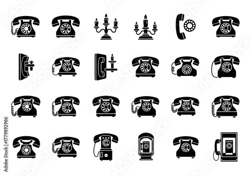 Vector icon pack of antique telephones in a solid black silhouette style. A set of retro communication symbols