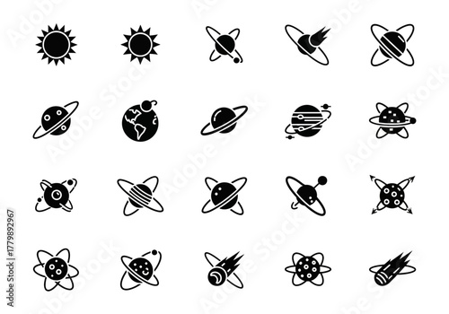 Vector glyph icon set of solar system and galaxy elements. Includes sun, planets with rings, and atomic symbols for science design 2j (504)