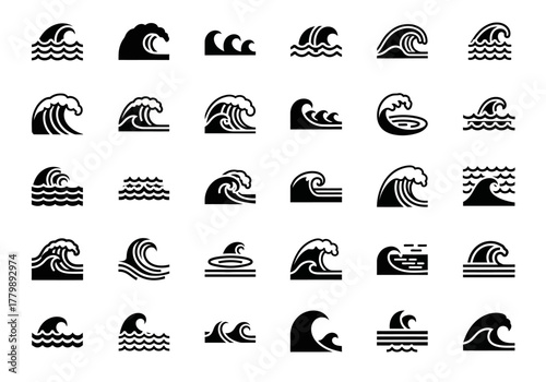 Monochrome vector icon set featuring various ocean wave and sea current designs. A diverse collection of water and surf glyph symbols