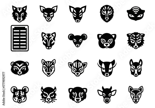 Vector set of stylized animal head icons. A graphic collection of diverse wildlife face symbols including a fox, bear, and tiger