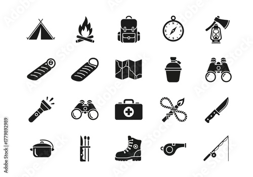 Camping and hiking equipment icon set. Vector glyph symbols for outdoor adventure and survival gear collection