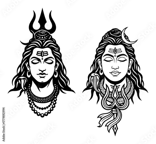 Lord Shiva Face Vector Icon Set. Hindu God Mahadev with Trishula Graphic Stencil