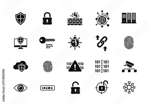 Comprehensive set of solid glyph icons representing concepts of cybersecurity, online data protection, and internet privacy