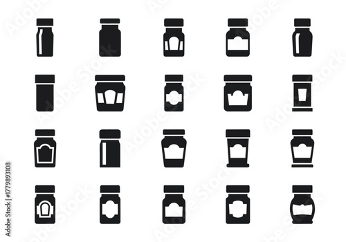 Vector set of various jam and preserve jars. A collection of simple black silhouette icons for food packaging and container design