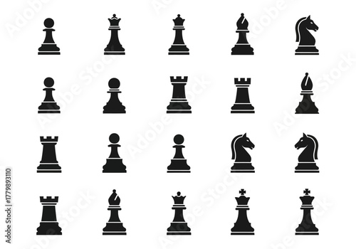 Collection of black chess piece silhouettes. Vector icons representing king, queen, rook, bishop, knight, and pawn for board game strategy