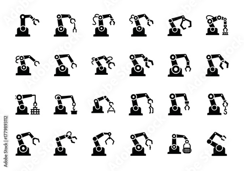 A comprehensive set of black glyph icons representing industrial robotic arms, mechanical manipulators, and automation technology for manufacturing processes