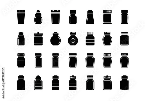 A comprehensive set of black silhouette icons depicting various jars, vials, and bottles for laboratory, pharmacy, or general container graphics