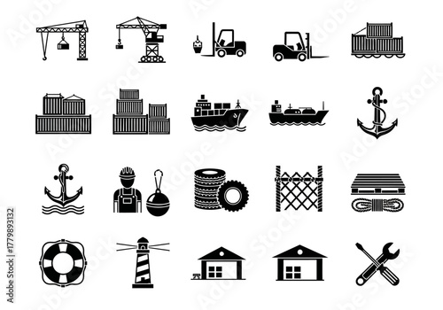 Monochrome glyph icon collection representing global maritime shipping, industrial logistics, and cargo transportation services 2j (568)