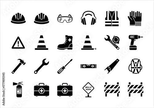Solid glyph icon collection for construction safety and building tools, featuring personal protective equipment, work site elements, and repair instruments