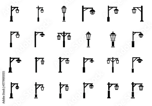 A diverse set of black silhouette street light icons. This vector collection features various urban and classic lamppost designs for graphic projects