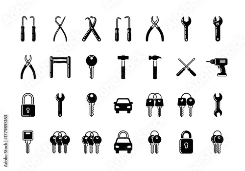 Glyph icon set of automotive and locksmith equipment. Collection includes car keys, padlocks, wrenches, and various tools for service concepts. 2j (574)