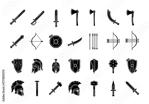 Collection of ancient warrior weapon and armor icons. A set of vector glyphs including swords, shields, and helmets for historical design