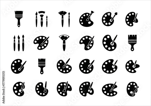 Collection of black glyph icons representing various artist paint brushes and painter's palettes on a white background. Creative toolset vector elements for design