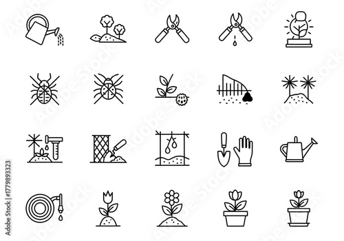 Gardening and plant care icon set with horticulture and agriculture symbols for graphic design 2j