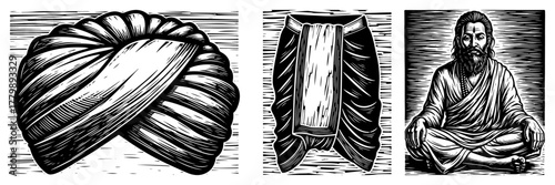 Indian Sadhu and Clothes Woodcut Vector Set. Turban Dhoti and Yogi Engraving Illustration