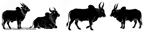 Fotografi Zebu Cattle Silhouette Vector Set