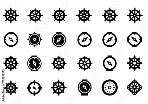 A diverse set of black glyph icons featuring nautical ship wheels and compasses for maritime navigation and travel design
