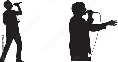 Singers with Microphones Silhouettes – Minimalist Black & White Vector Icons of Musical Performance and Vocal Expression