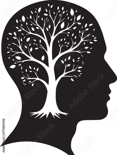 Tree in Head Silhouette – Minimalist Black & White Vector Icon of Mental Growth and Creative Thought