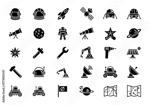 Glyph icon set for space exploration and astronomy. A collection of solid vector symbols including astronaut, rocket, planet, and satellite