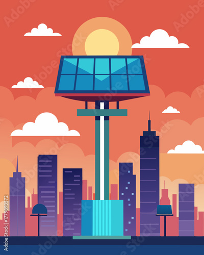 A futuristic billboard towering over the city powered entirely by the sun.. Vector illustration