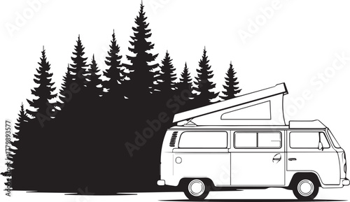 Camper Van in Forest Silhouette – Minimalist Black & White Vector Icon of Van Life and Nature Exploration