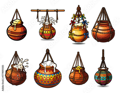 Cartoon Dahi Handi Pot Collection. Vector Set for Indian Janmashtami Festival Celebration.