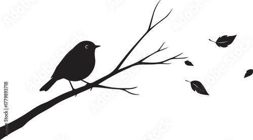 Bird on Bare Branch Silhouette – Minimalist Black & White Vector of Autumn and Solitude