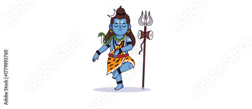 Cute Dancing Lord Shiva Cartoon. Hindu God Mahadev with Trishula Vector Illustration