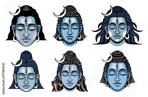 Lord Shiva Face Vector Set. Meditating Hindu God Mahadev Head Icons for Logo and Tattoo
