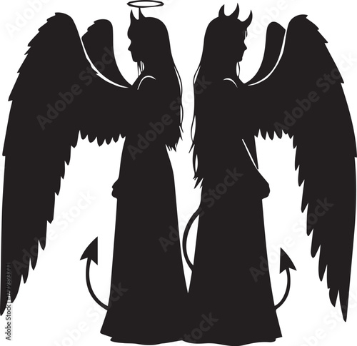 Angel and demon women back-to-back – bold silhouette icon of good vs evil, contrast, and duality