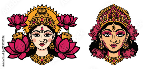 Goddess Lakshmi And Durga Faces With Lotus Ornaments Colorful Indian Vector Illustration