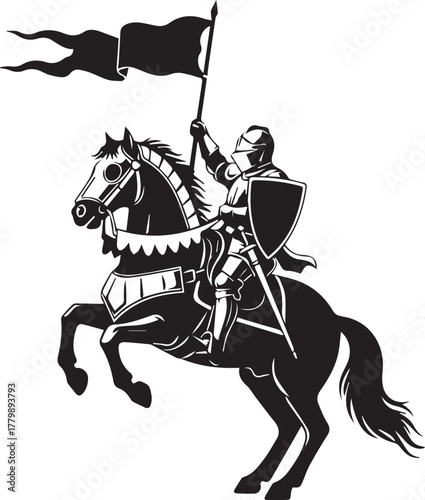 Knight on rearing horse with flag and shield – bold medieval silhouette icon of chivalry and battle