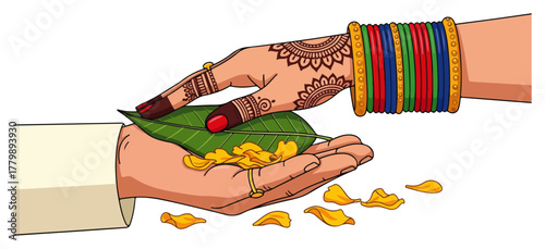 Indian Wedding Ritual Hands Offering Betel Leaf And Turmeric Traditional Ceremony Vector Illustration