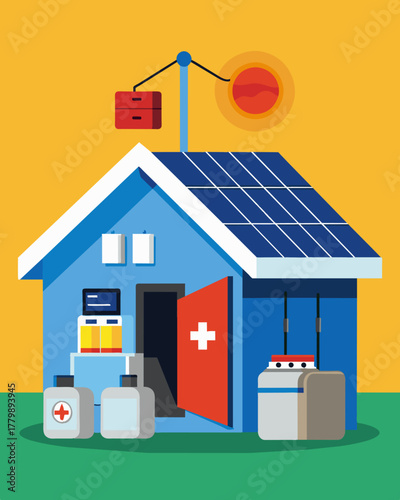 A disaster relief shelter with a sloping roof covered in solar panels delivering power for a minifridge a first aid kit and a phone charging station.. Vector illustration